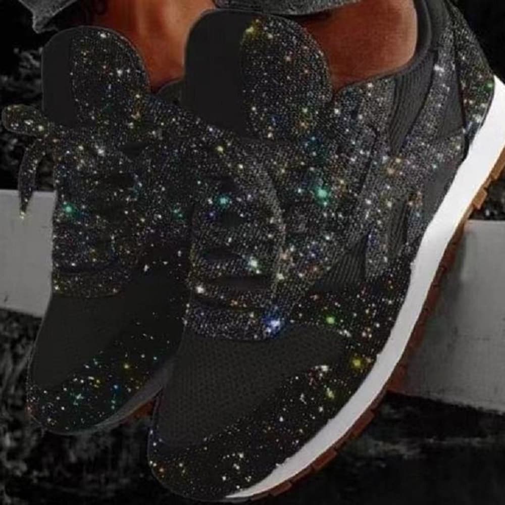Plus Size Daily Round Head Sequins Lace Up Sport Shoes Black-41(9.5)