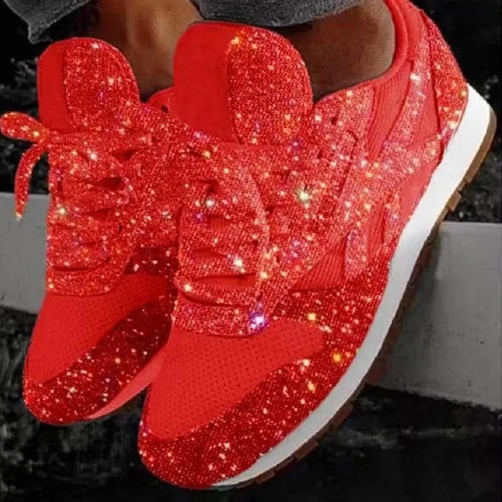 Plus Size Daily Round Head Sequins Lace Up Sport Shoes Red-35(5)