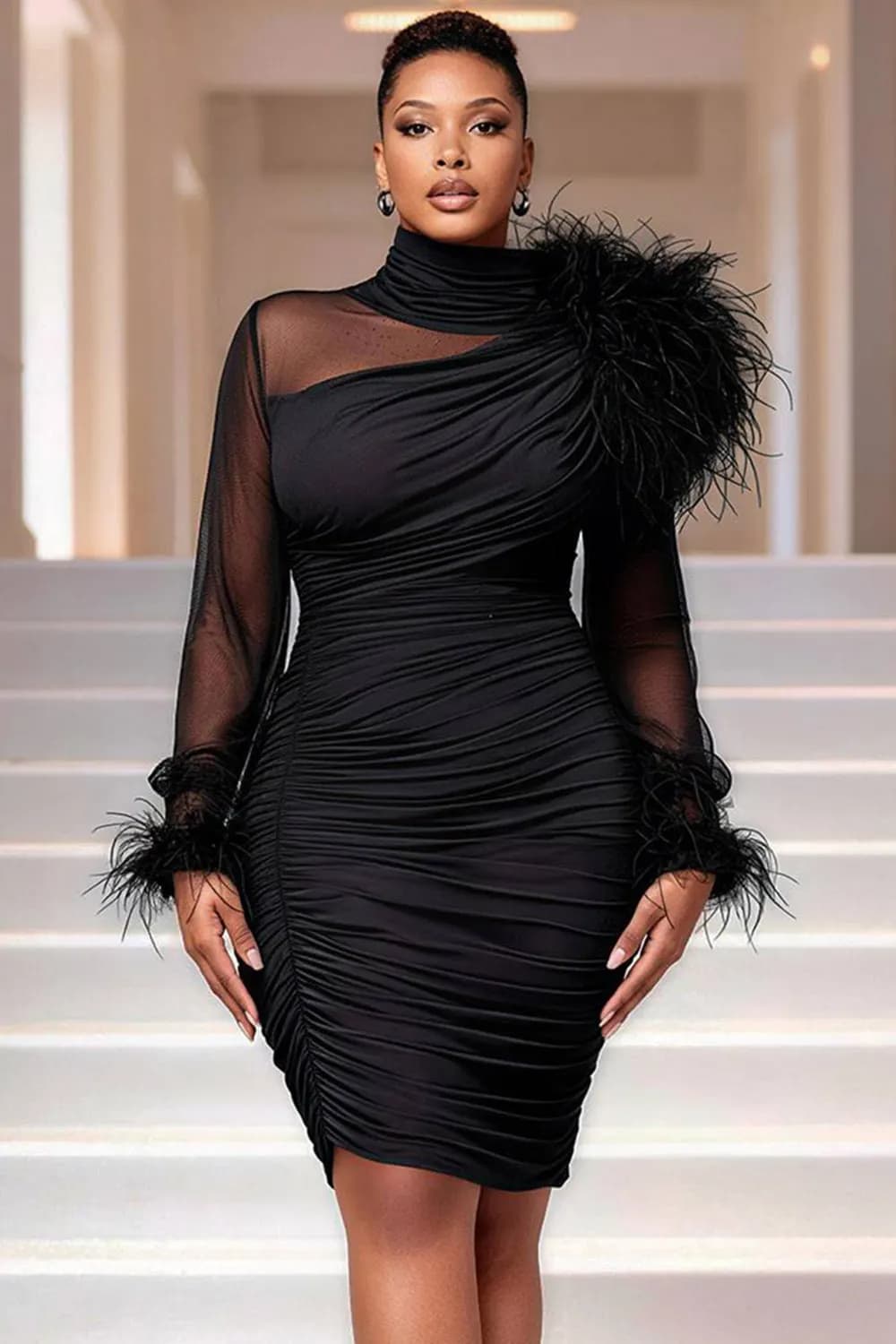 Xpluswear Design Plus Size Cocktail Party Elegant Black Stand-Up Collar Long Sleeve Feather Contrast Mini Dresses [Pre-Order] Black-2XL/18-20