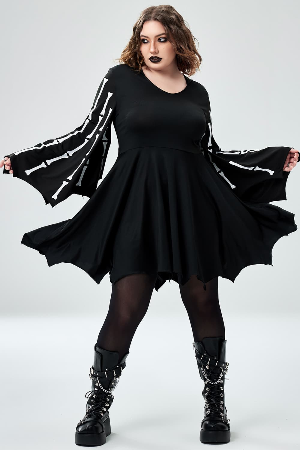 Xpluswear Design Plus Size Halloween Costume Black Bat Skeletons Knitted Mini Dress（Ships 24h） Black-XL/14-16