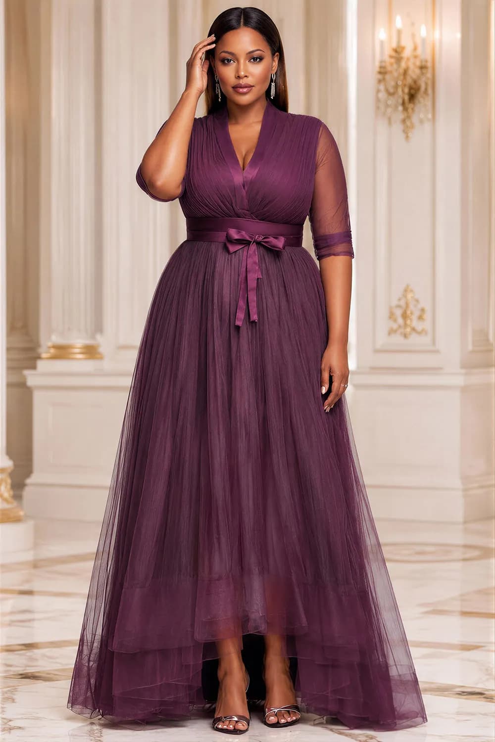 Xpluswear Design Plus Size Formal Purple V Neck Half Sleeve Asymmetric Hem Irregular Hem Fold Tulle Maxi Dresses [Pre-Order] Purple-XL/14-16