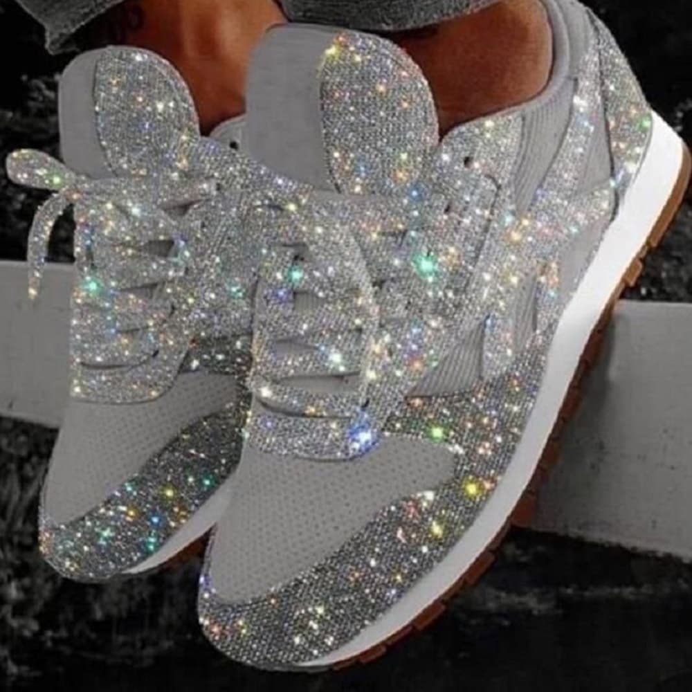 Plus Size Daily Round Head Sequins Lace Up Sport Shoes Silver-37(6.5)