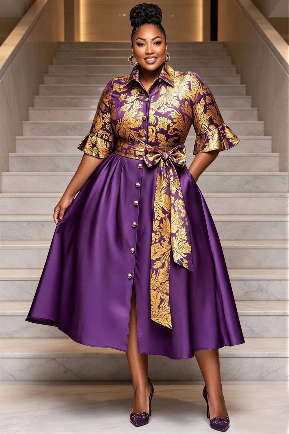 Xpluswear Design Plus Size Churchs Purple Graphic Shirt Collar Short Sleeve Foil Print Pocket Satin Midi Dresses [Pre-Order] Purple-4XL/26