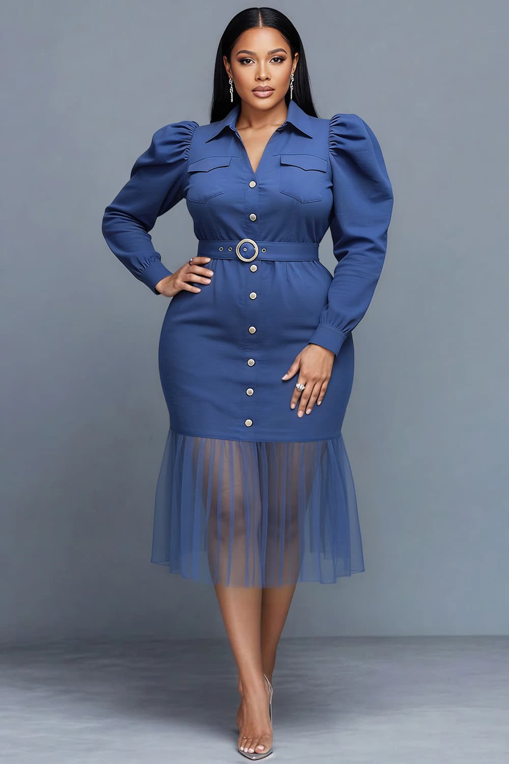 Xpluswear Design Plus Size Business Casual Blue Shirt Collar Long Sleeve Ruffle Elegant Bodycon Tencel Denim Midi Dresses Blue-2XL/18-20