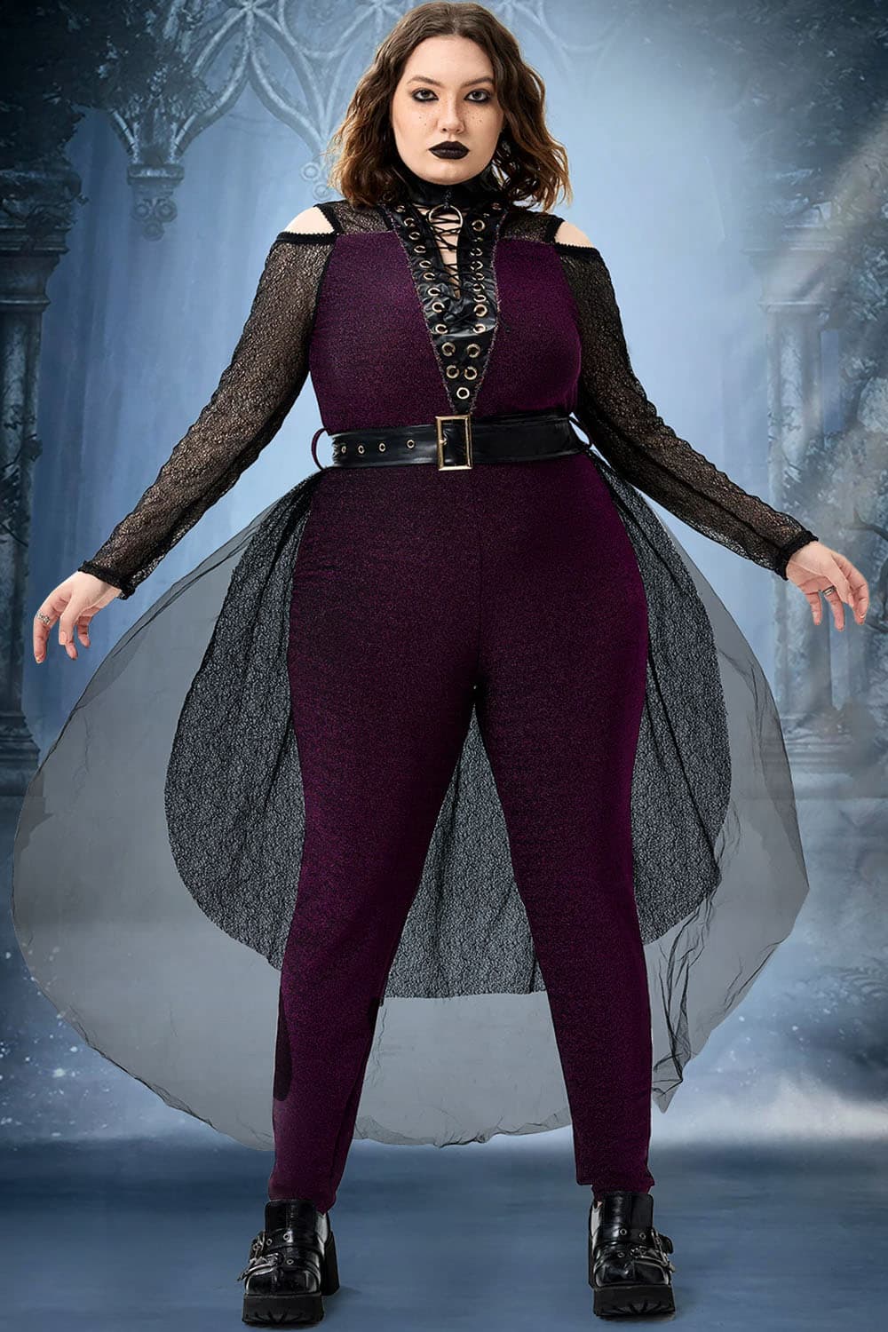 Xpluswear Design Plus Size Halloween Costume Cosplay Purple Witches Lace Up Overlay Skirt Glitter Jumpsuits（Ships 24h） Purple-2XL/18-20