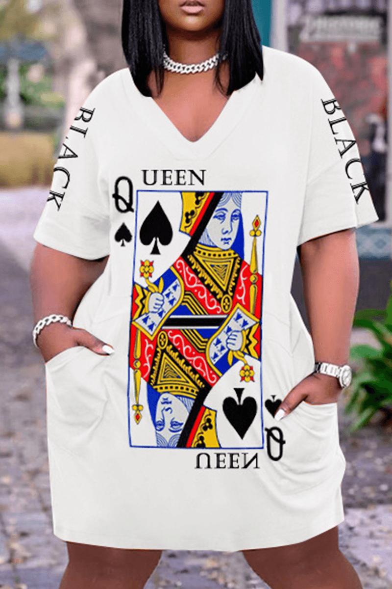 Xpluswear Plus Size Casual Poker Queen Print V Neck Short Sleeve With Pockets Midi Dress White-2XL/18-20