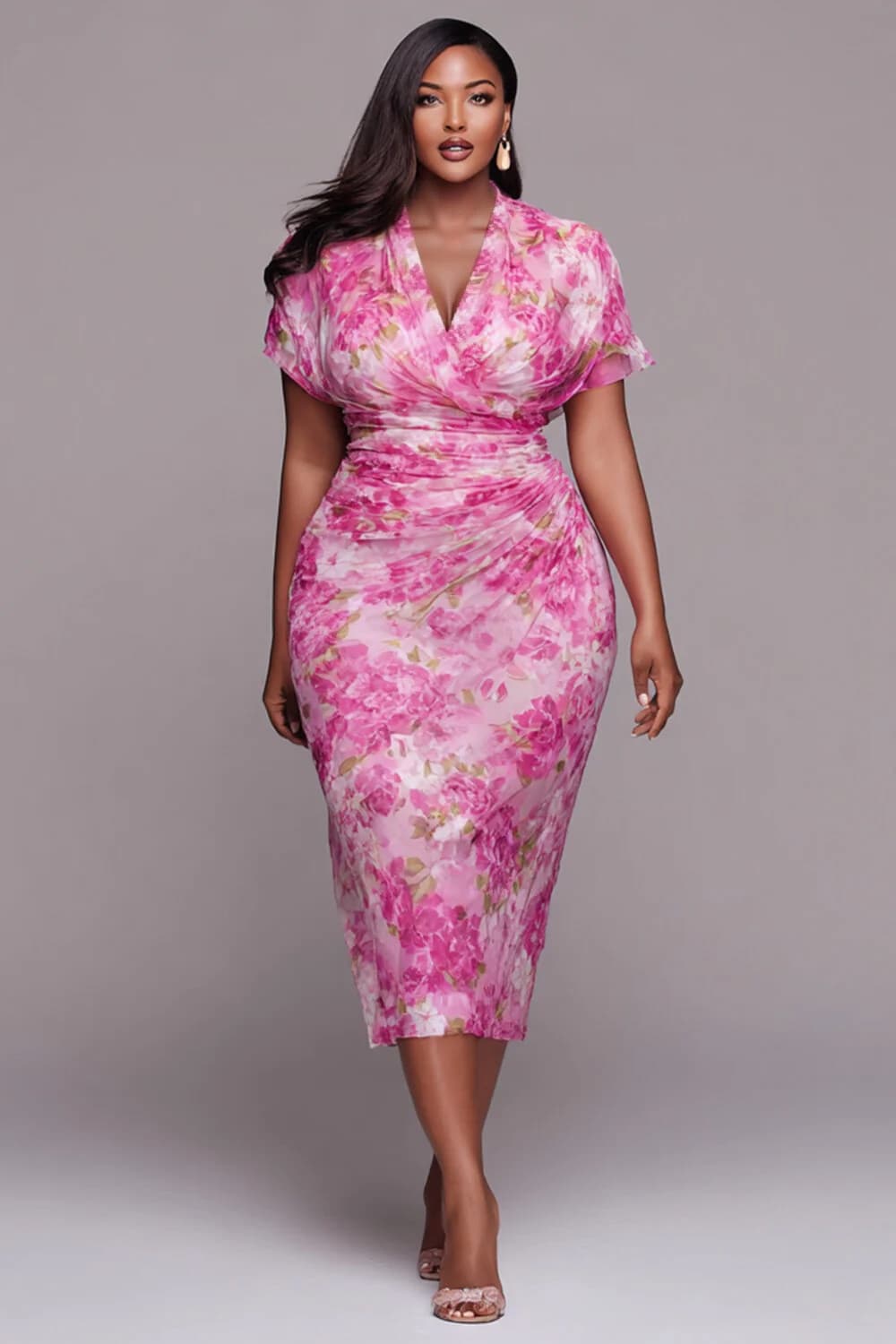 Xpluswear Design Plus Size Cocktail Party Pink Floral Cowl Neck Short Sleeve Fold Bodycon Tulle Midi Dresses Pink-L/10-12