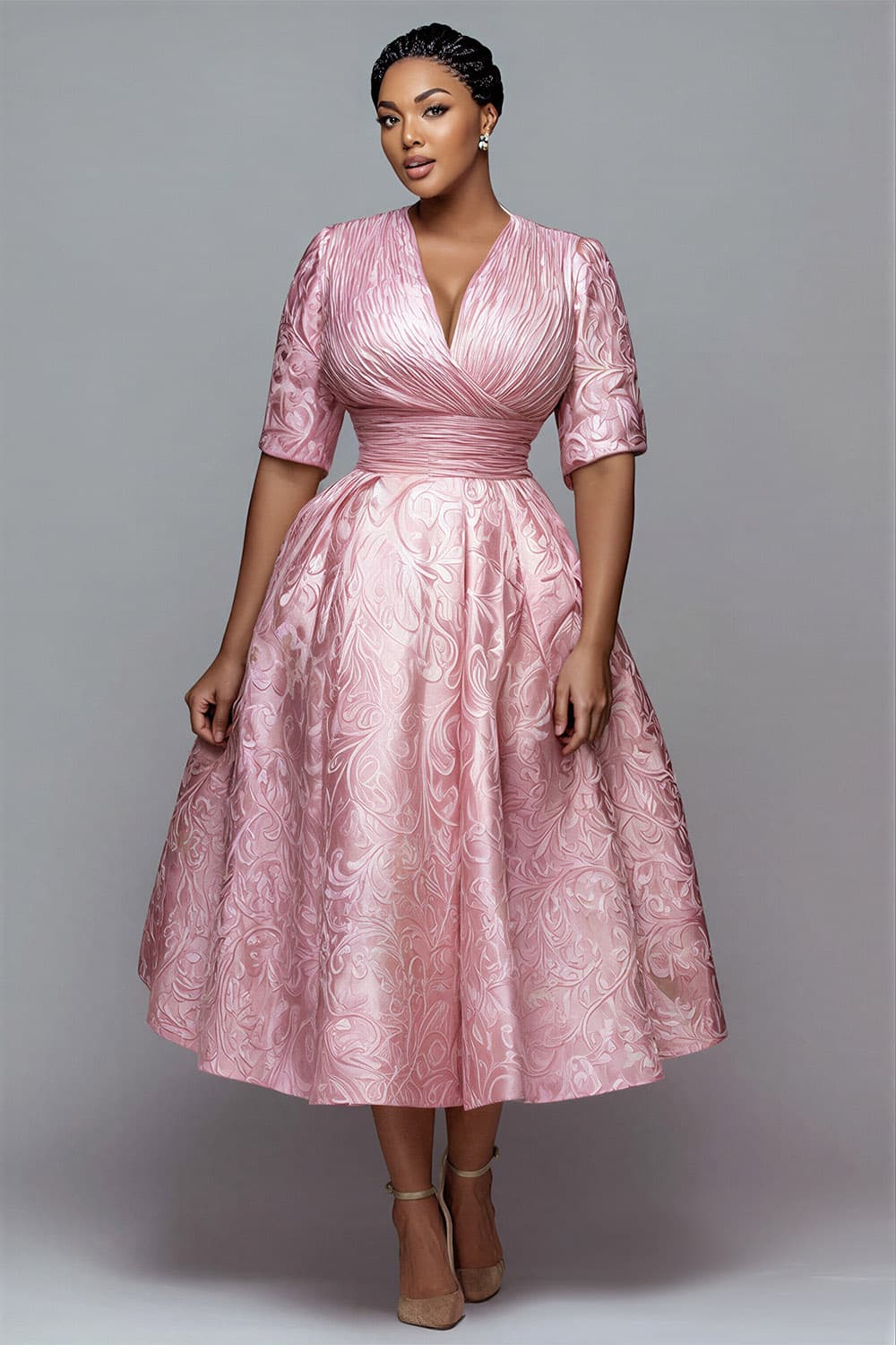 Xpluswear Design Plus Size Cocktail Party Elegant Pink Round Neck Short Sleeve Pocket Midi Dresses Pink-3XL/22-24