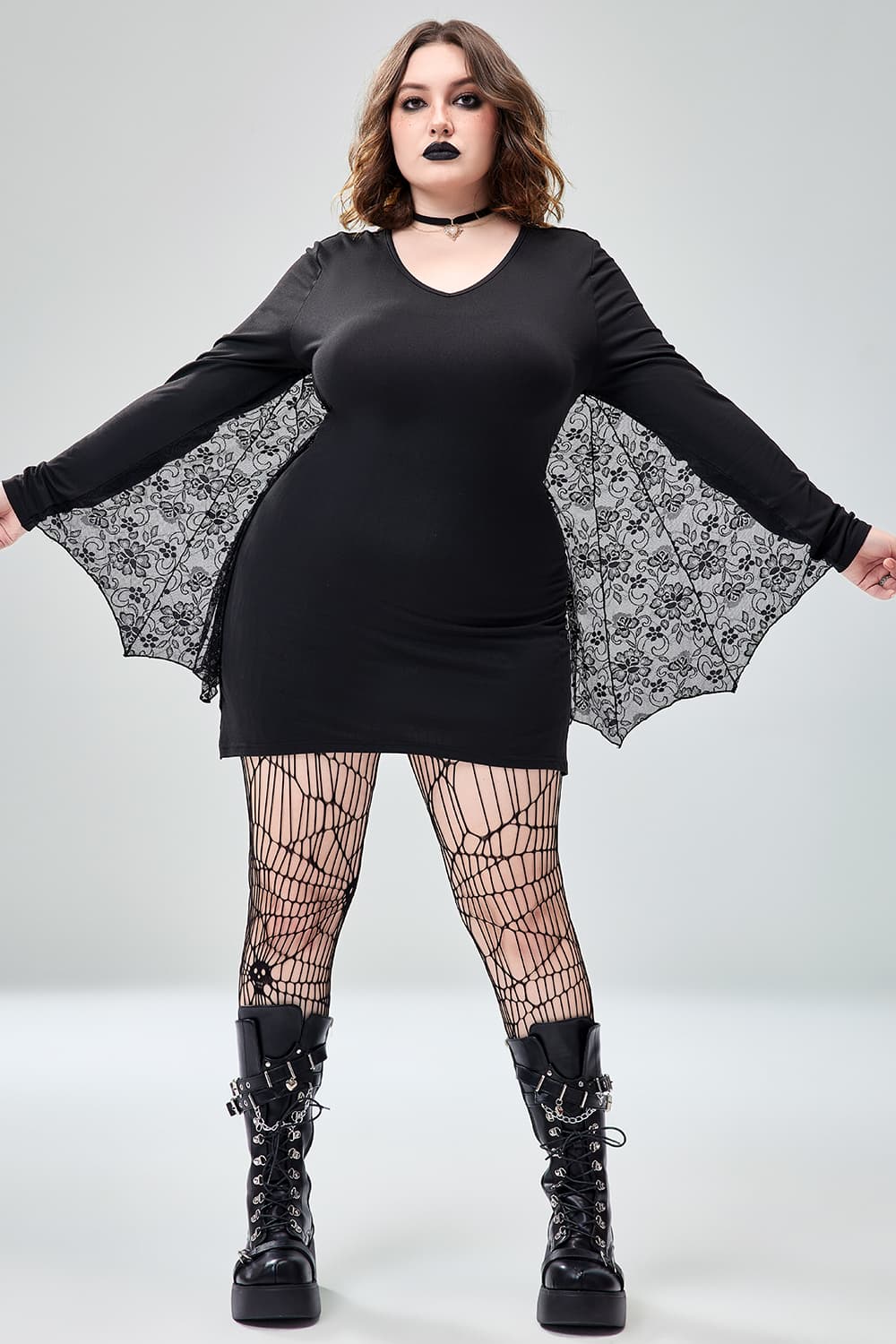 Xpluswear Design Plus Size Casual Halloween Costume Gothic Black Bat V-Neck Long Sleeve Knitted Mini Dress（Ships 24h） Black-XL/14-16