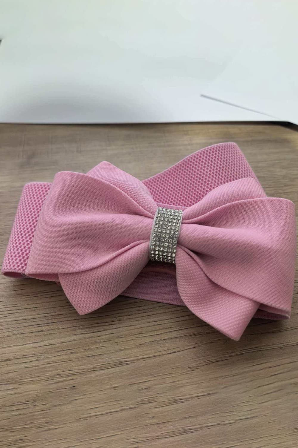 Elegant Solid Color Rhinestone Decor Bowknot Elastic Wide Belt Pink
