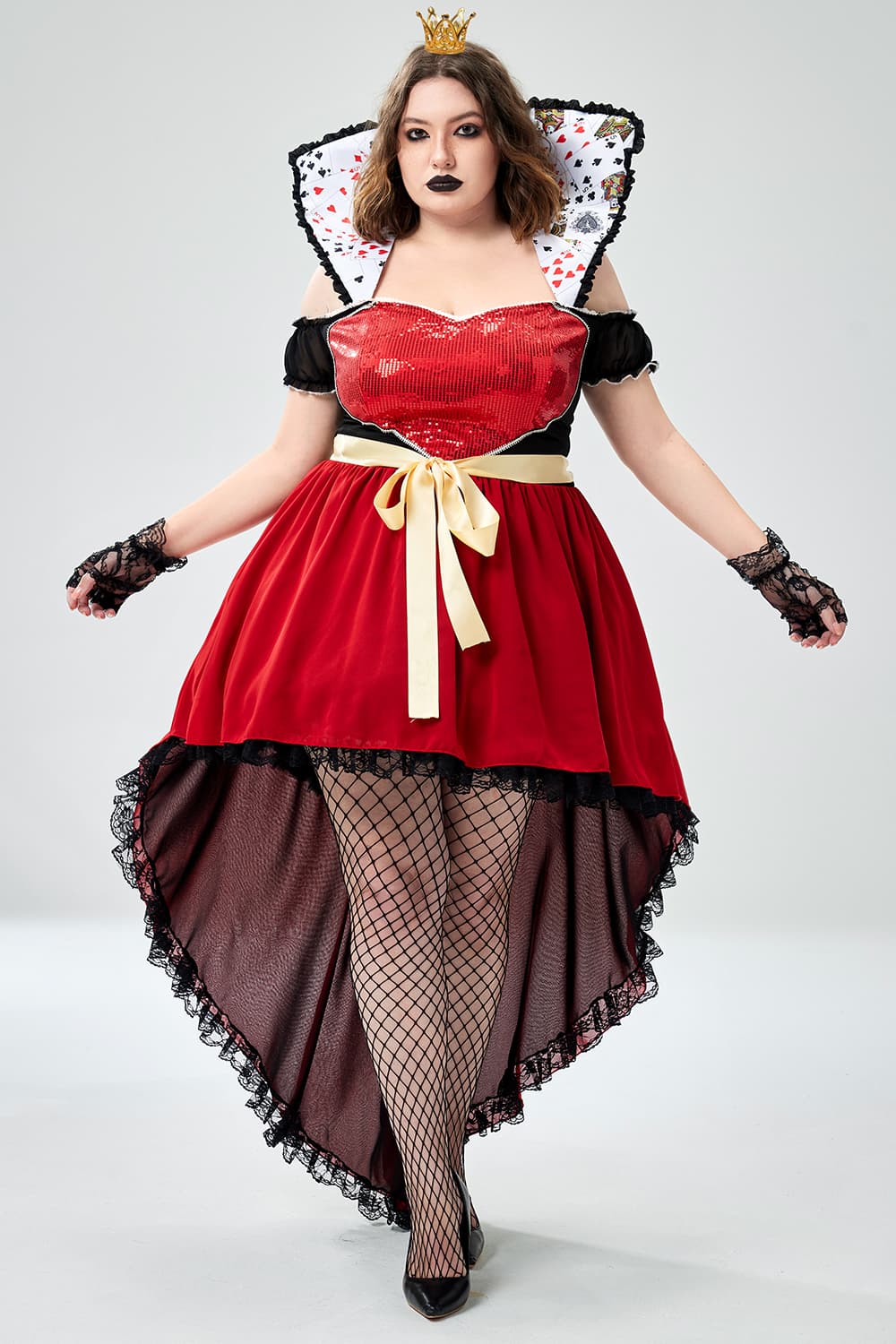Xpluswear Design Plus Size Halloween Costume Red Sparkling Queen Of Hearts Knitted Mini Dress（Ships 24h） Red-3XL/22-24
