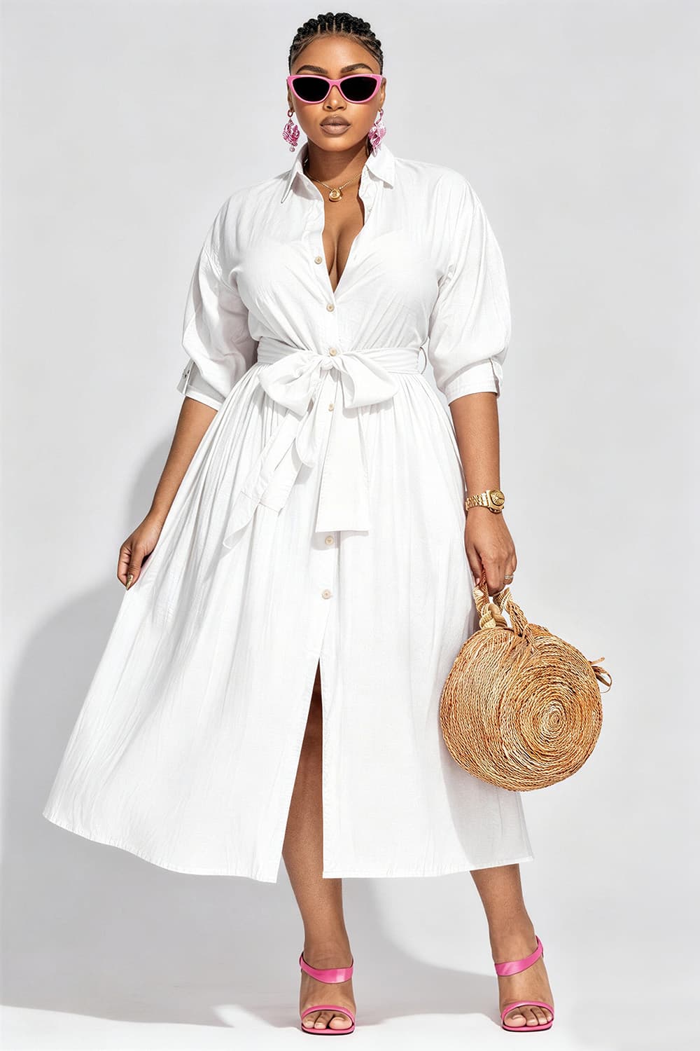 Xpluswear Design Plus Size Vacation White Shirt Collar Half Sleeve Pocket Midi Dresses White-XL/14-16