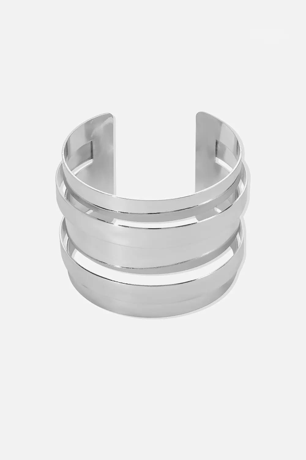 Metallic Sheen Minimalist Cut Out Wide Flat Open Cuff Bracelet Silver