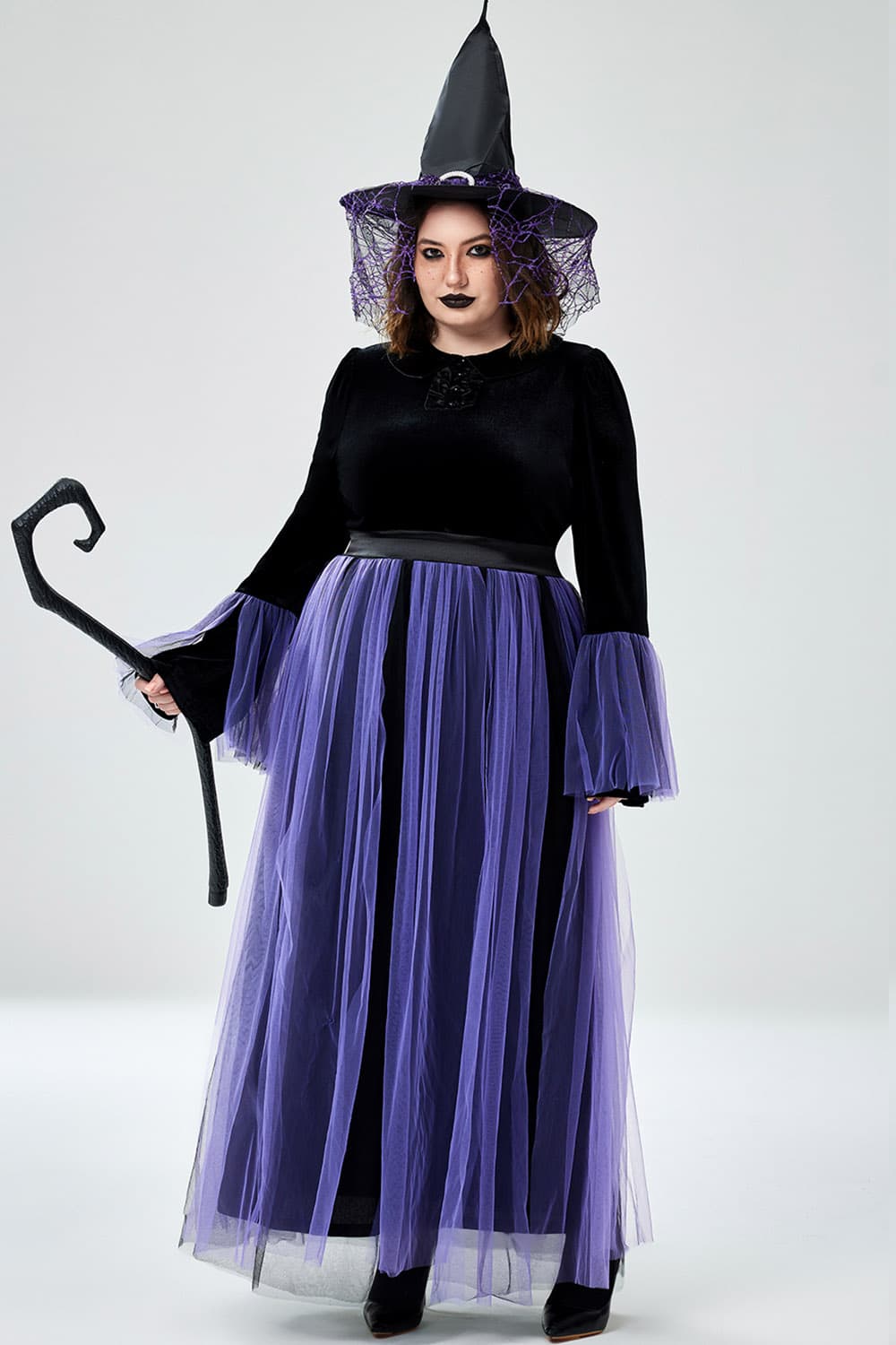 Xpluswear Design Plus Size Halloween Costume Purple Cosplay Witches Overlay Mesh Maxi Dress (Without Hat And Cane)（Ships 24h） Purple-3XL/22-24