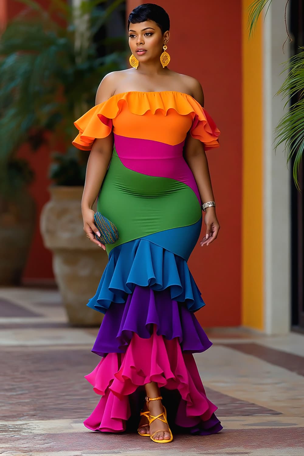 Xpluswear Design Plus Size Party Rainbow Colorblock Off The Shoulder Mermaid Tiered Maxi Dresses Rainbow-3XL/22-24