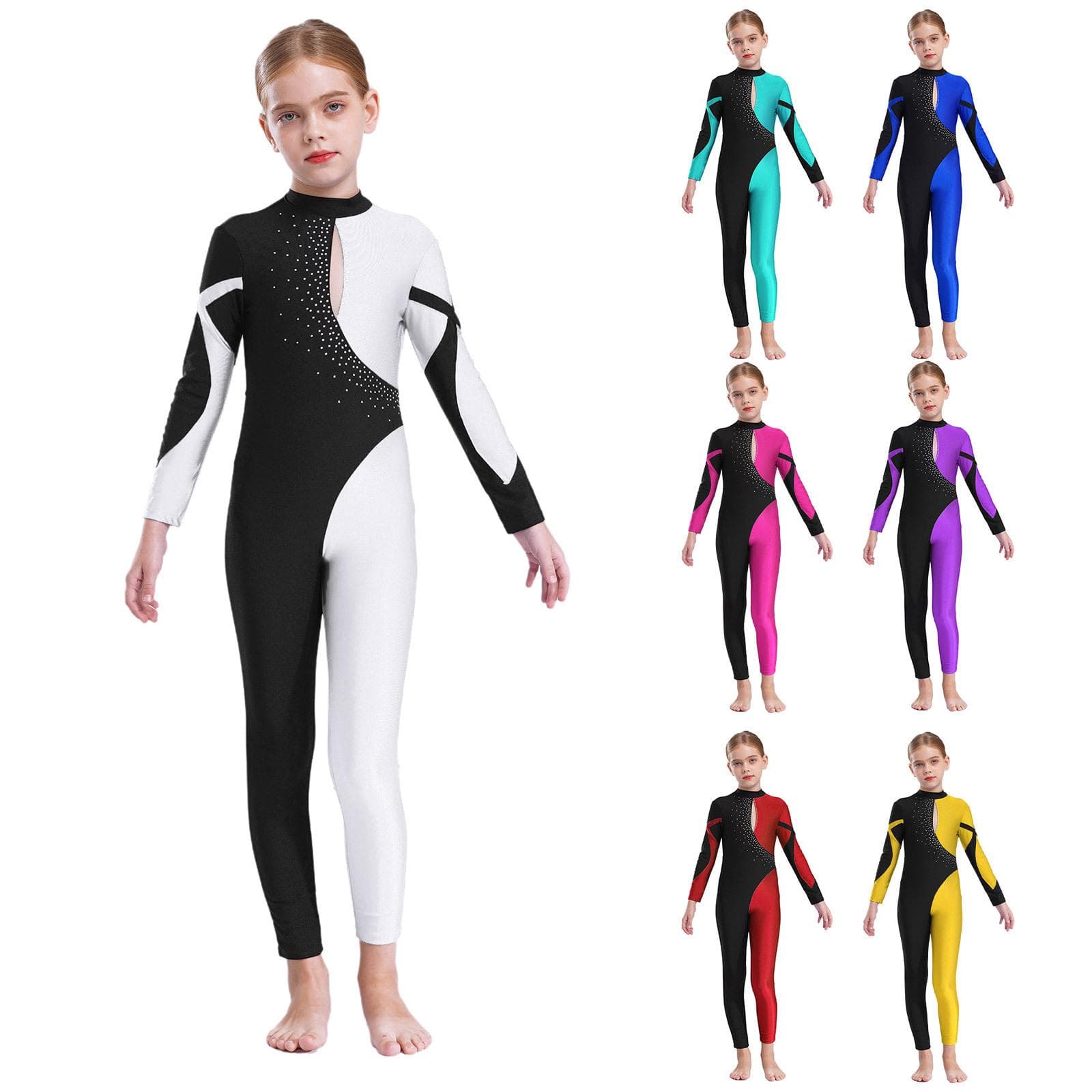 Kids Girls Stylish One Piece Skating Clothing Long Sleeve Stand Collar Shiny Rhinestone Decor Dance Leotards cm hot pink