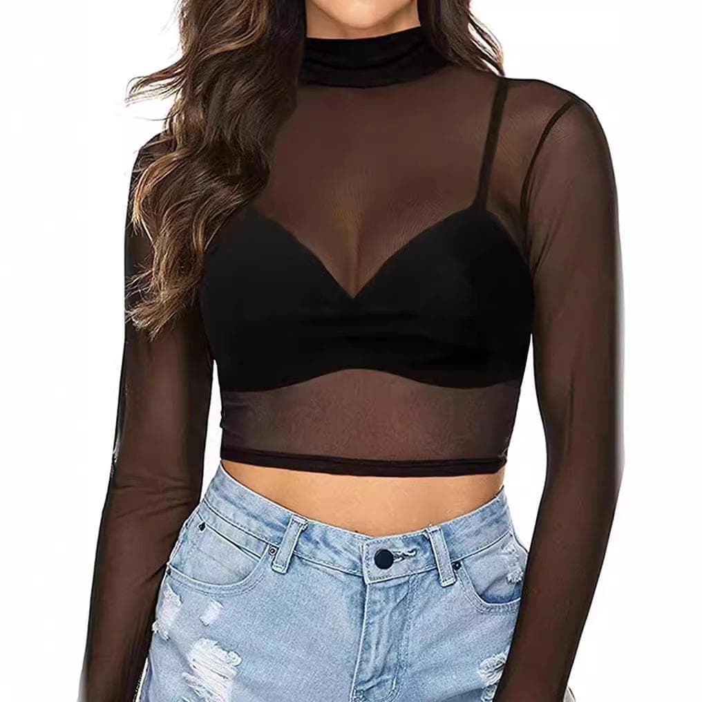 Women's See-Through Mesh Long Sleeve Crop Top cm