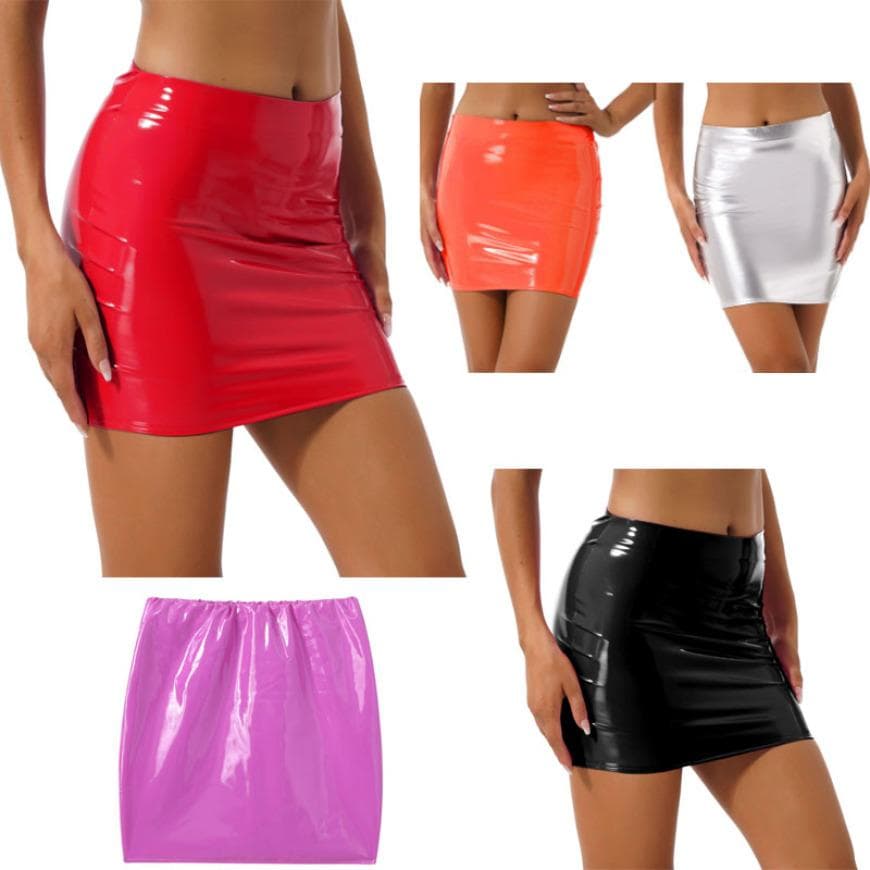 Women Sexy Skirts Glossy Patent Leather Miniskirt Solid Color Elastic Waistband Pencil Skirt Shiny Wet Look Latex Skirt Clubwear cm orange