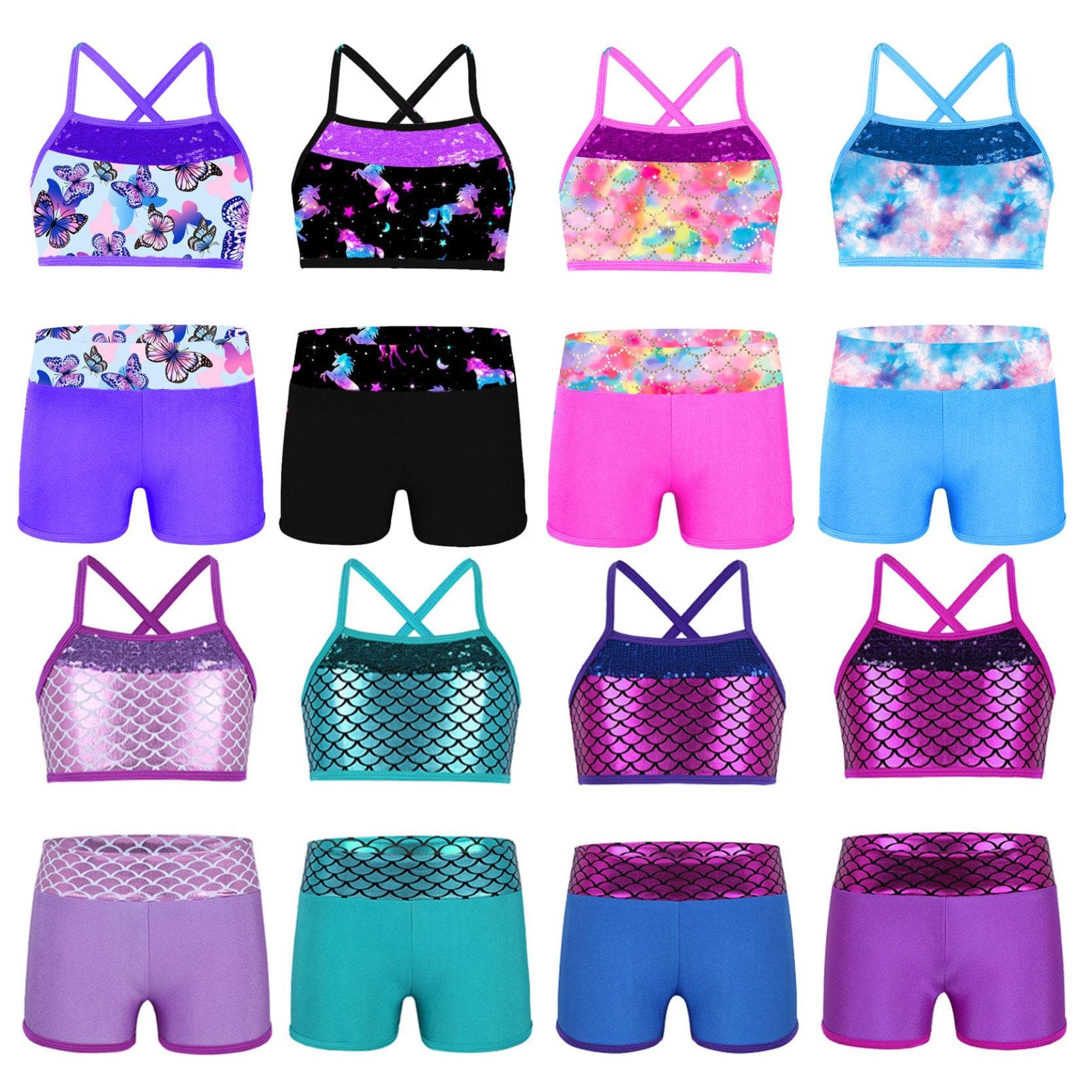 Kids Girls Swimming Dance Athletic Outfit Shoulder Straps Sequins Crop Top+Shorts Gymnastics Clothes cm pink