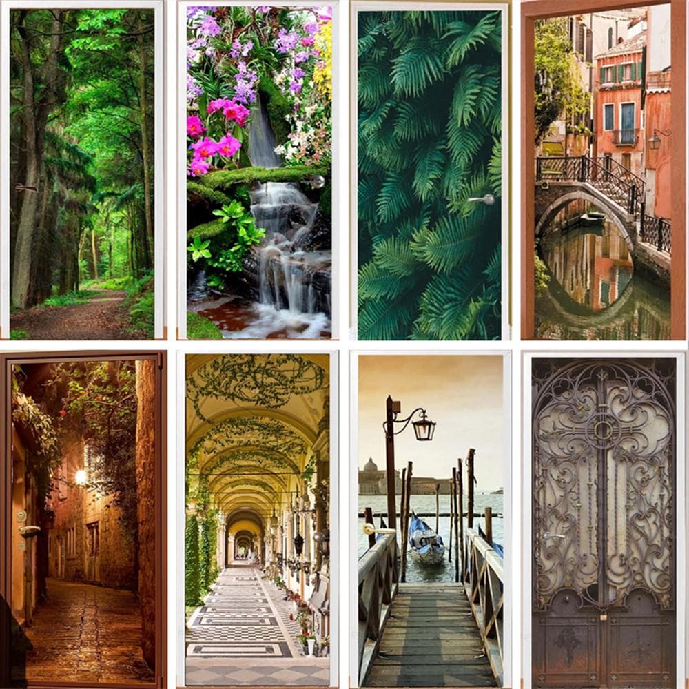 3D Scenery Porch Vinyl Door Sticker For Bedroom Home Decor Self Adhesive Removable Wall Decal Door Renovation Waterproof Poster