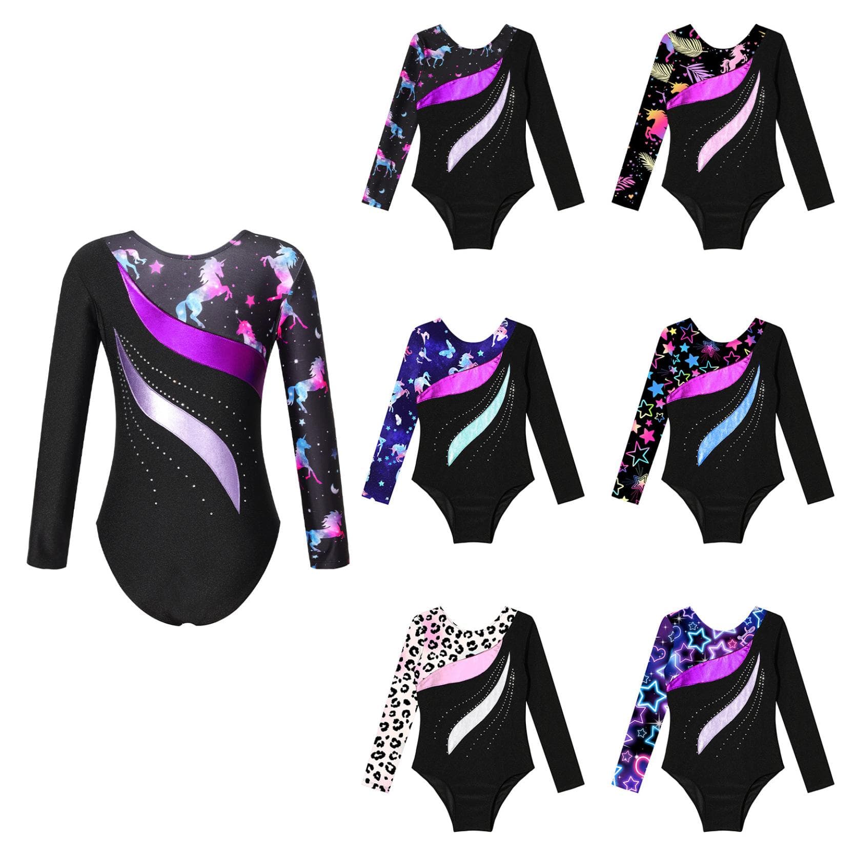 Kids Girls Shiny Rhinestone Decor Gymnastics Leotard Round Neck Long Sleeve Fitness Dance Bodysuit Outfit cm multicolour