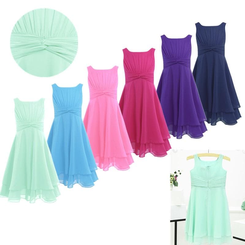 Girls Chiffon Knotted Waist Ruched Flower Girl Dress Princess Pageant Wedding Bridesmaid Birthday cm navy blue