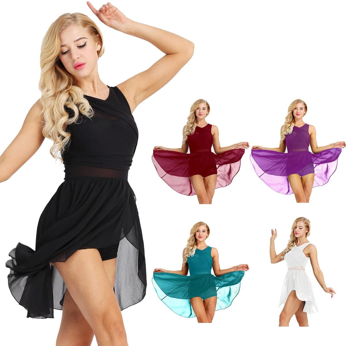 Women's Retro V Neck Chiffon Skirt Ballet Leotard Asymmetric Lyrical Dance Dress cm red