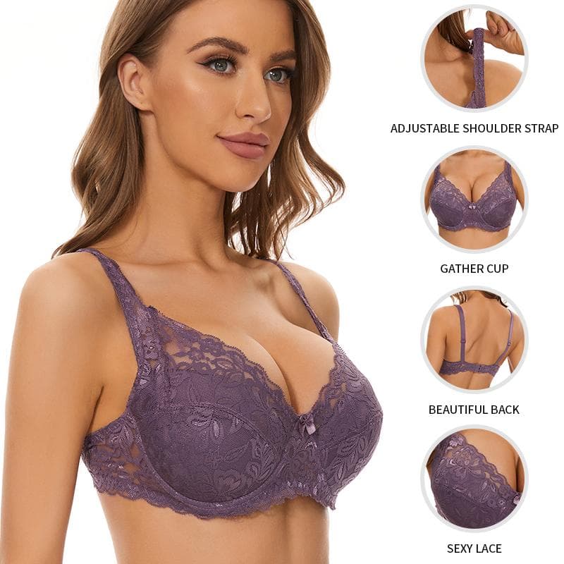 Women Embroidery Bra Anti-sag Gathered Bra Underwire Breathing Adjustable Bra Push-up Bras cm wine red