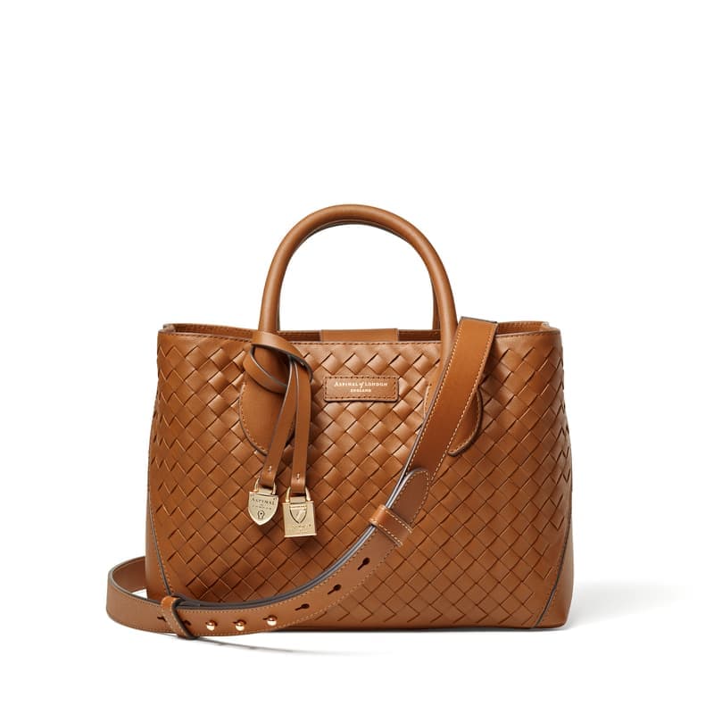 Aspinal of London Midi London Tote in Tan Woven Leather with Engravabl